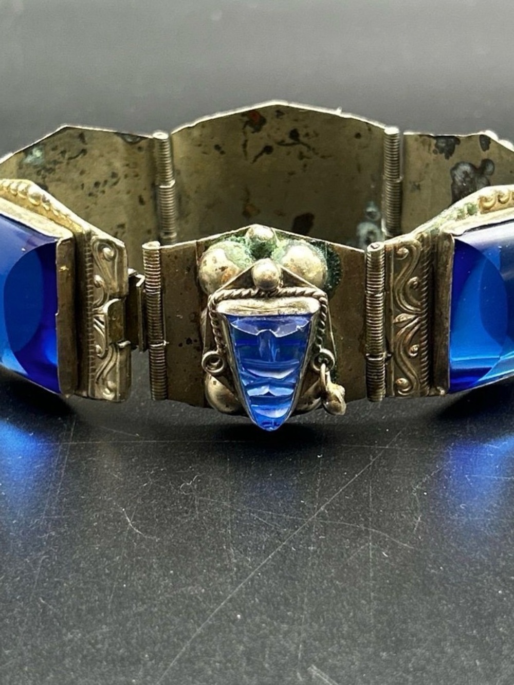 Vintage Taxco .925 Blue Glass Panel Statement Bracelet